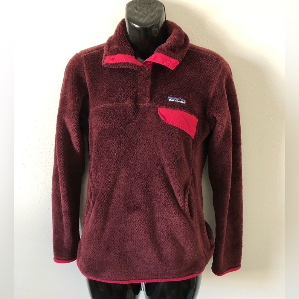 Patagonia re tool snap button pullover maroon with pink accents XS style 25442
